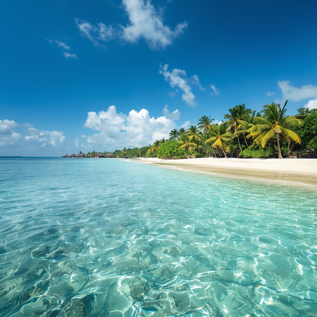 A breathtaking hyper-realistic landscape of a tropical beach with crystal clear turquoise water and palm trees under a bright blue sky, wide angle